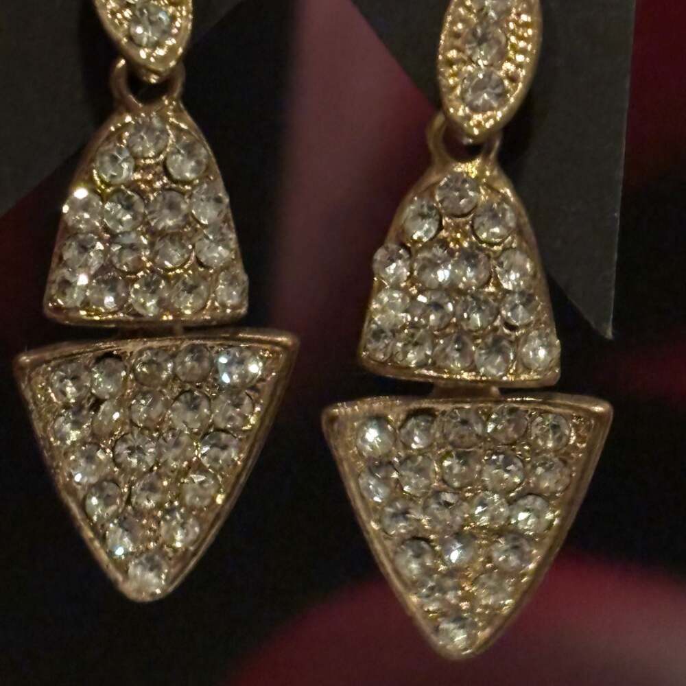 Gold-Tone Geometric Double Triangle Drop Earrings with Pavé Crystals - Picture 8 of 12